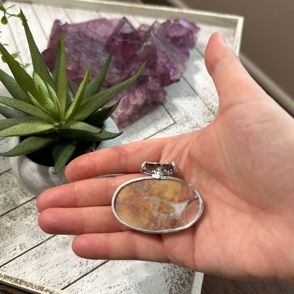 Maligano Jasper Sterling Silver 925 Oval Pendant Orange Red Gray Quartz - Picture 2 of 8